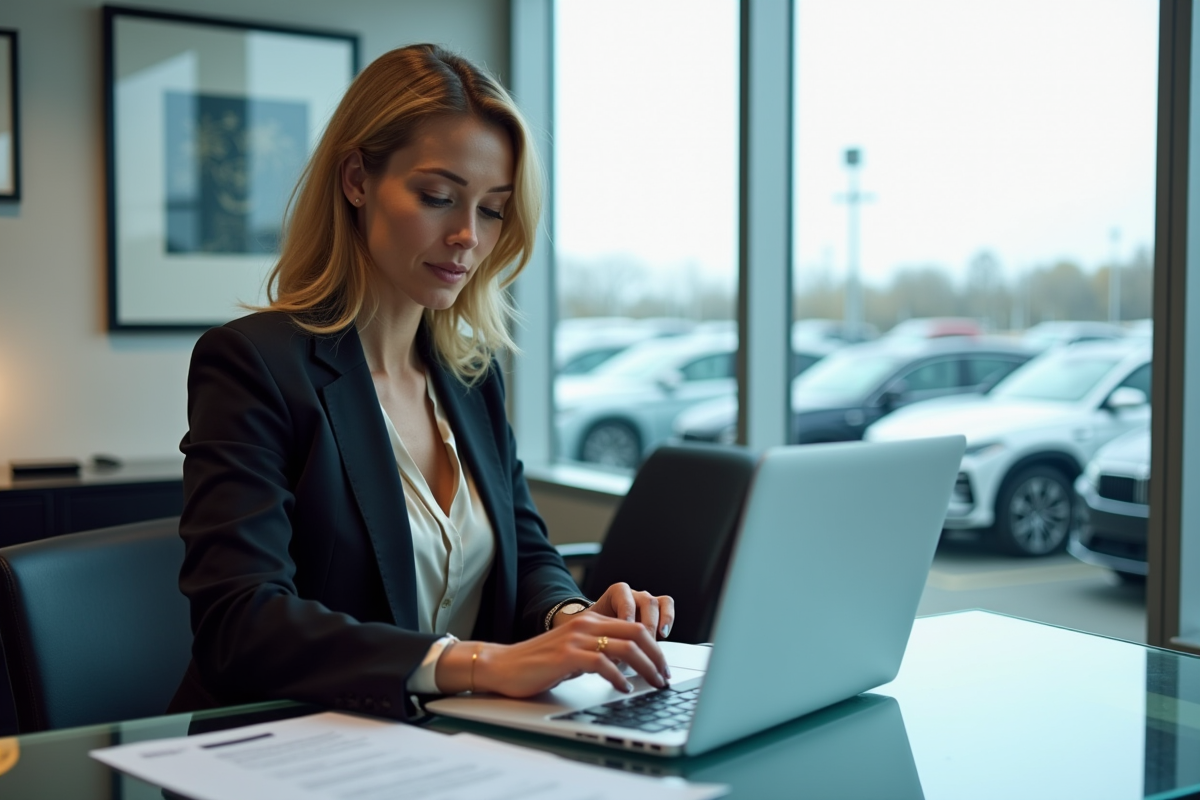 Femme professionnelle au bureau avec documents et ordinateur
