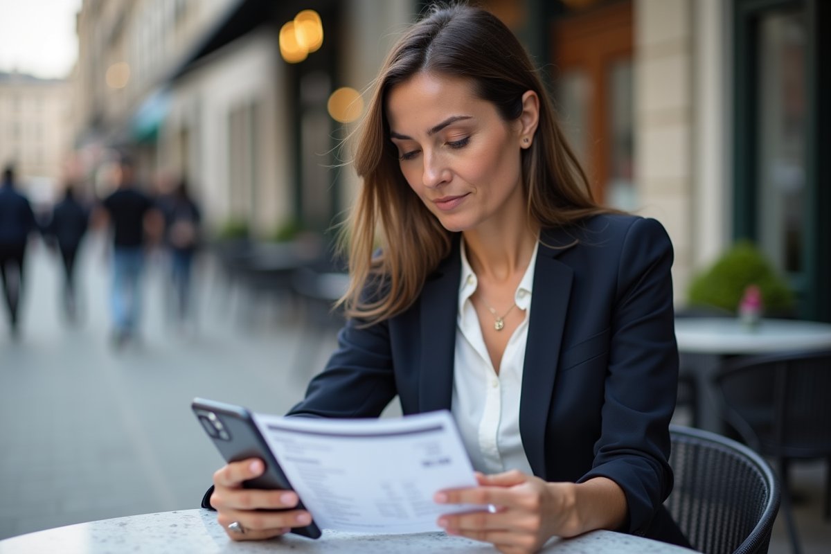 Femme professionnelle vérifiant un reçu et application bancaire en extérieur