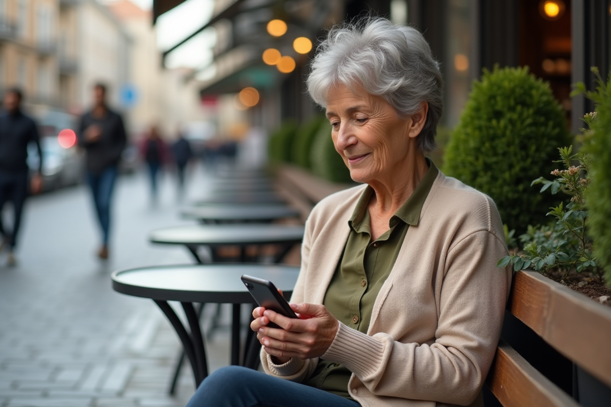Femme assise au café urbain utilisant son smartphone