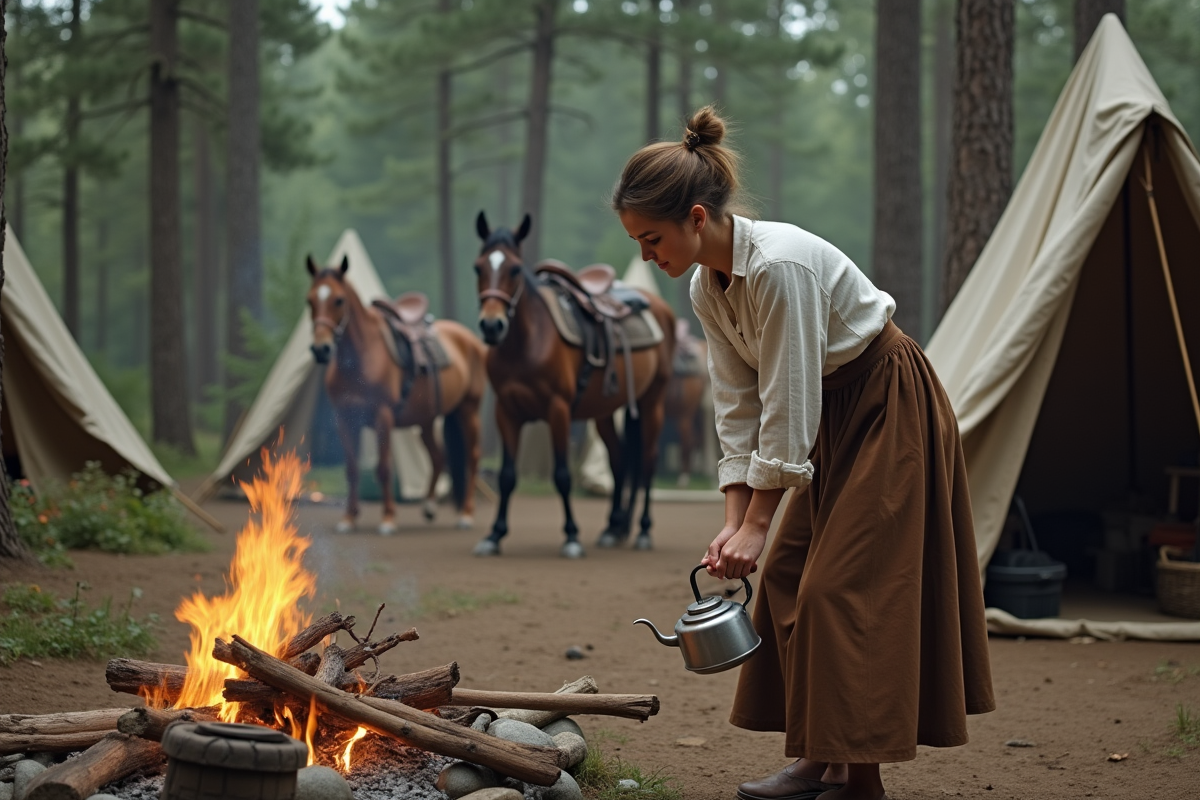 Jeune femme préparant du café au feu de camp en forêt