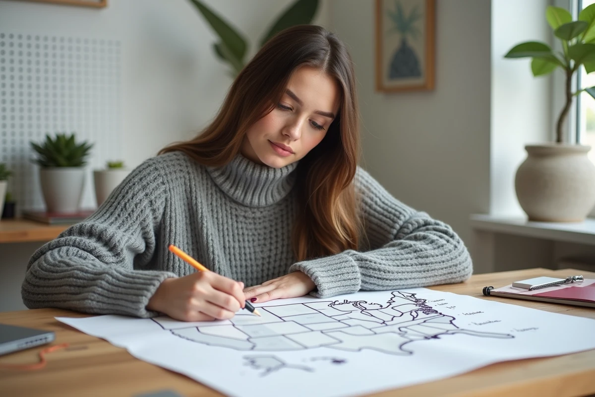 Jeune femme créant une carte mentale des États et capitales américains à son bureau