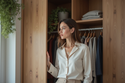 Femme en tenue minimaliste choisissant un vêtement dans une chambre moderne