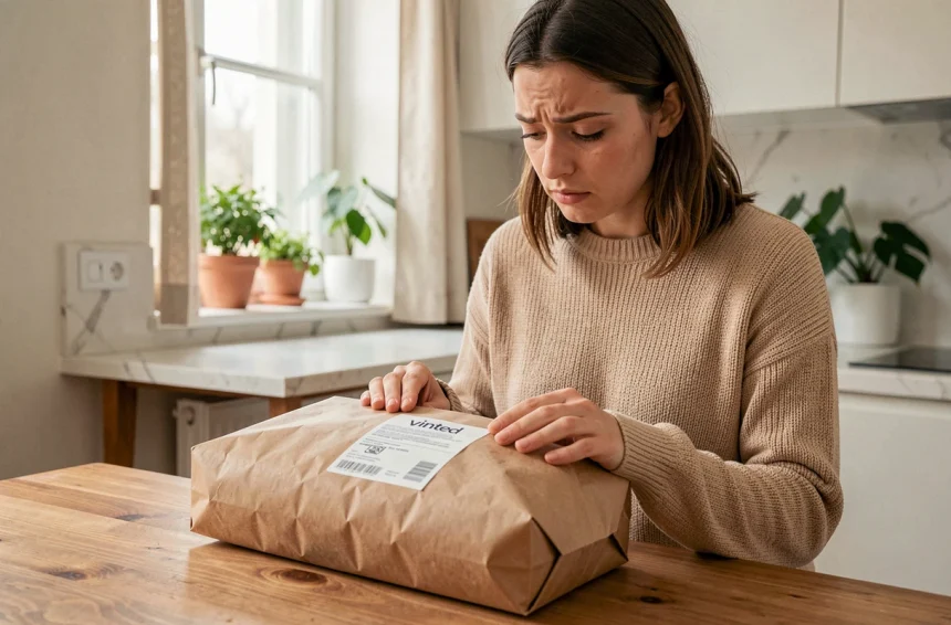 Jeune femme examinant un colis Vinted légèrement froissé avec une étiquette d'expédition visible sur une table en bois dans une cuisine moderne
