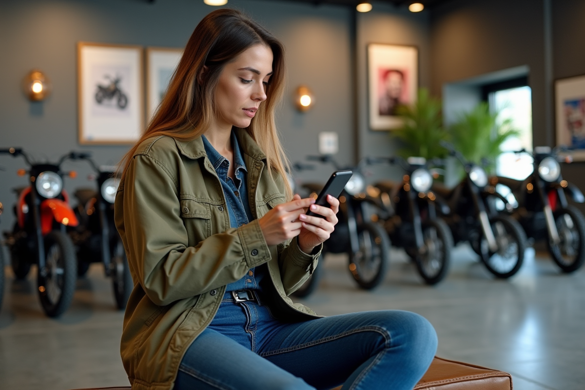 Femme compare prix de motos dans showroom moderne