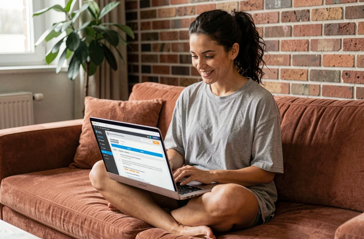 Femme consultant l'archive d'un forum de jeux vidéo sur laptop depuis son canapé pour retrouver un ancien topic