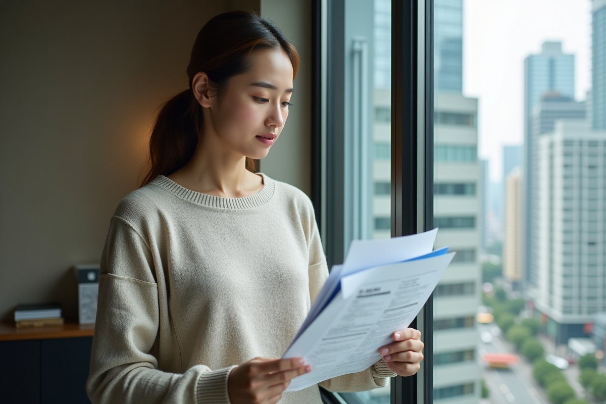 Jeune femme examinant des documents de location près d