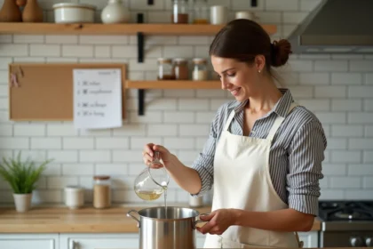 Femme en cuisine versant un liquide mesuré avec précision grâce à un tableau de conversion litres cm3