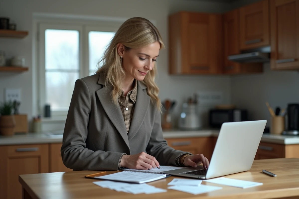 Femme au domicile analysant ses reçus de carburant sur la table