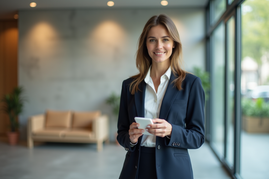 Femme en blazer bleu vérifiant emballages éco-responsables