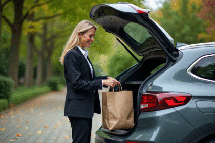 Femme en business chargeant une voiture hybride dans une allée verte