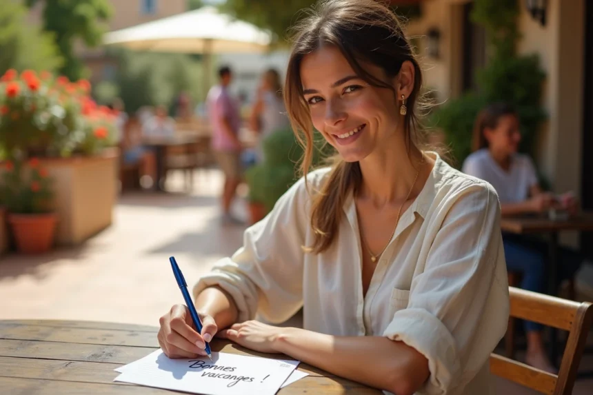Femme écrivant 'Bonnes vacances' sur une carte postale dans un café méditerranéen en été