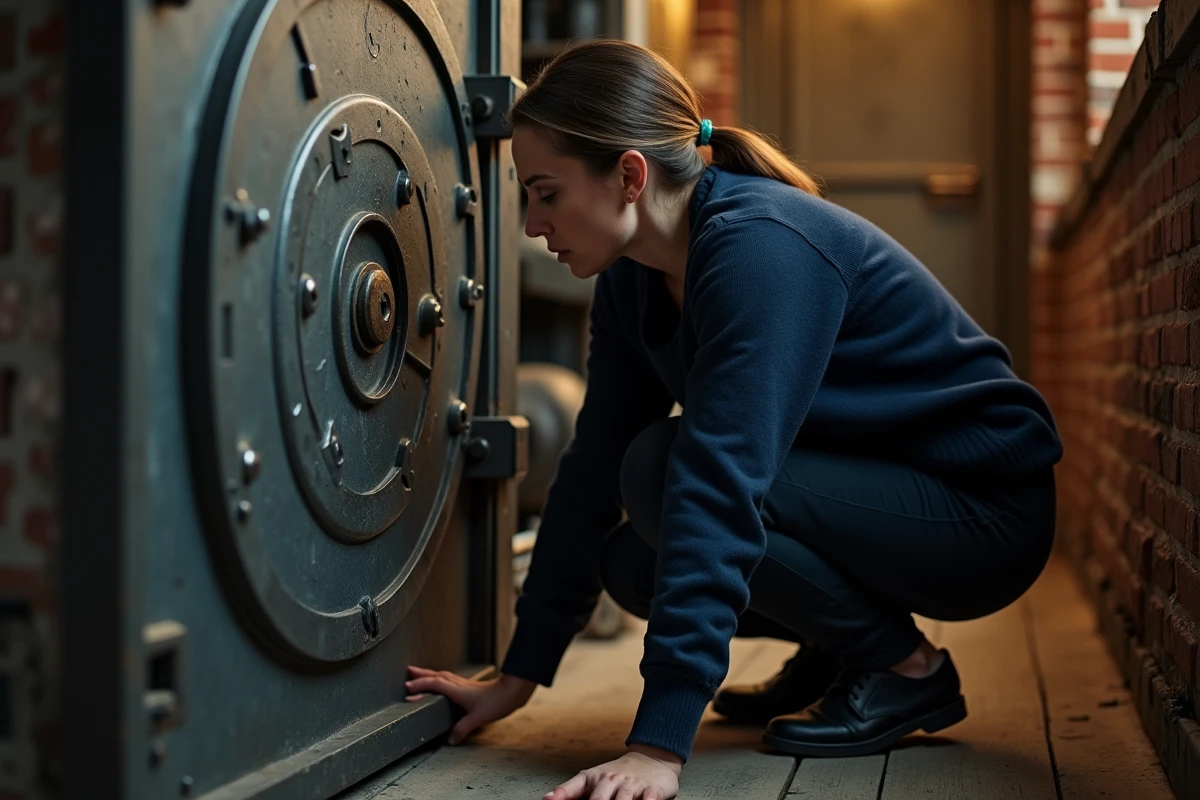 Femme examinant un cadenas sur une porte en fer dans une salle d'escape game immersive à décor industriel