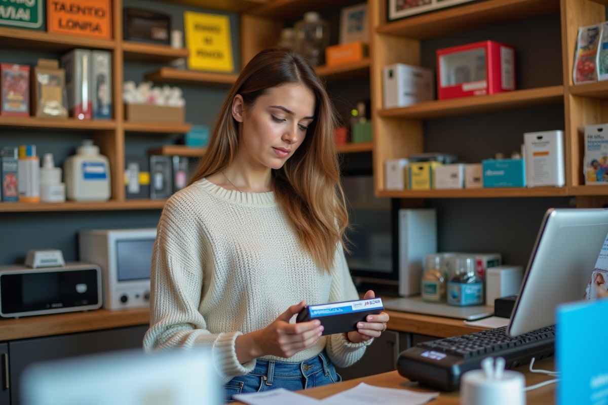 Jeune femme espagnole vérifiant prix de cartouches en boutique
