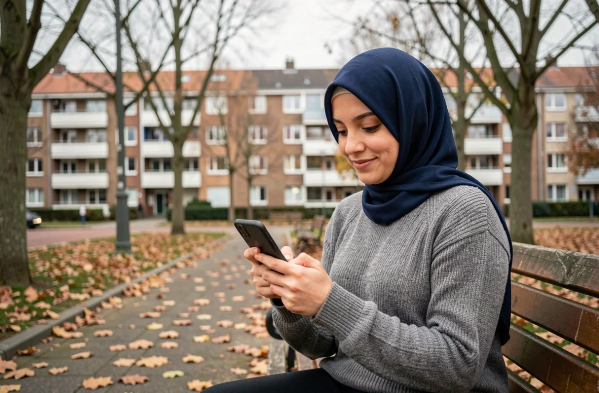 Femme musulmane recevant les horaires de prière par SMS dans un parc à Livry-Gargan