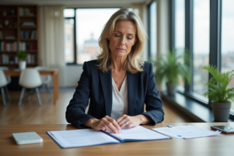 Femme confiante examinant des documents immobiliers dans un appartement moderne