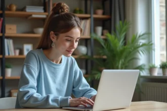 Jeune femme remplissant un formulaire en ligne à la maison