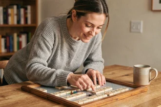 Femme concentrée jouant rapidement au Scrabble avec des tuiles de lettres disposées sur un plateau en bois à la maison