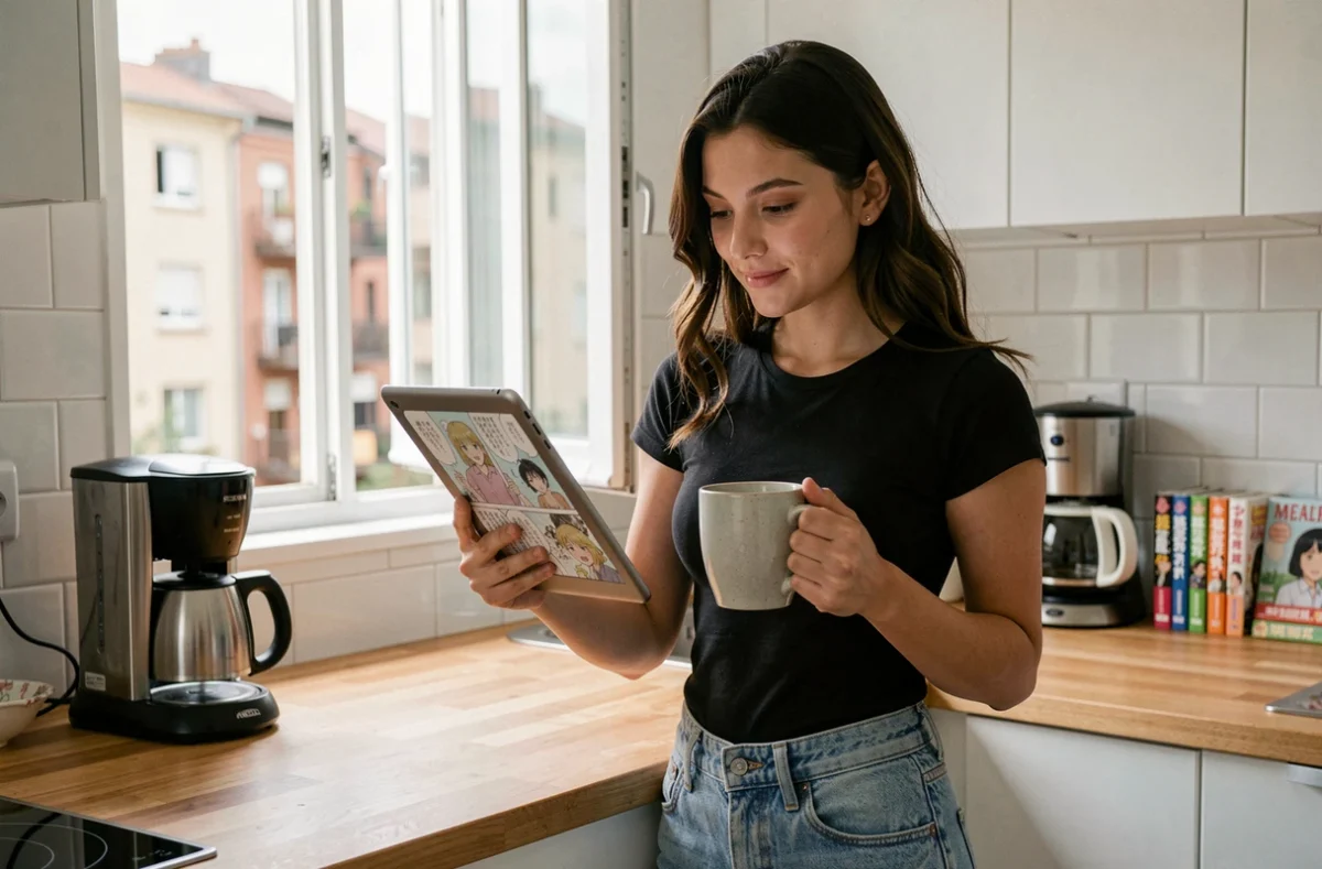 Jeune femme lisant un chapitre de manga sur tablette dans une cuisine moderne