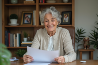 Femme âgée lisant des documents dans son bureau à domicile