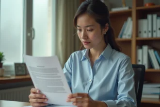Femme consultant une lettre formelle générée en ligne dans un bureau à domicile