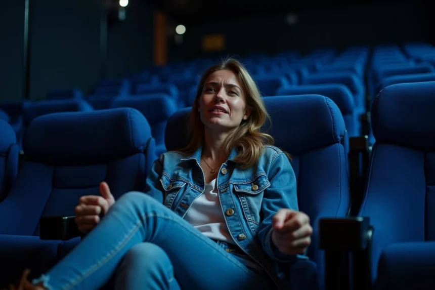 Femme ressentant un malaise dans un siège motorisé de cinéma 4DX, expression de gêne et tension visible