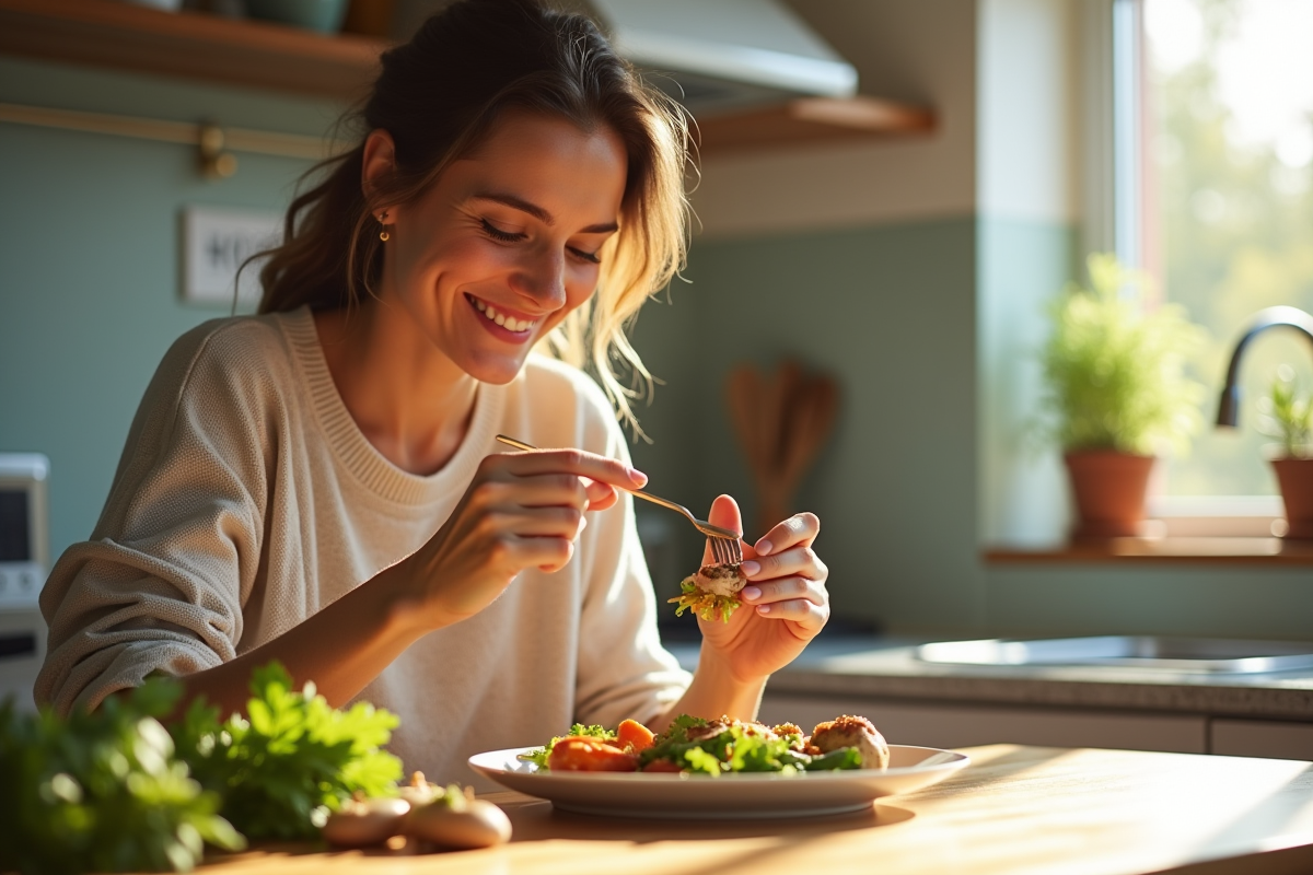 Femme souriante mangeant un repas riche en vitamine B3