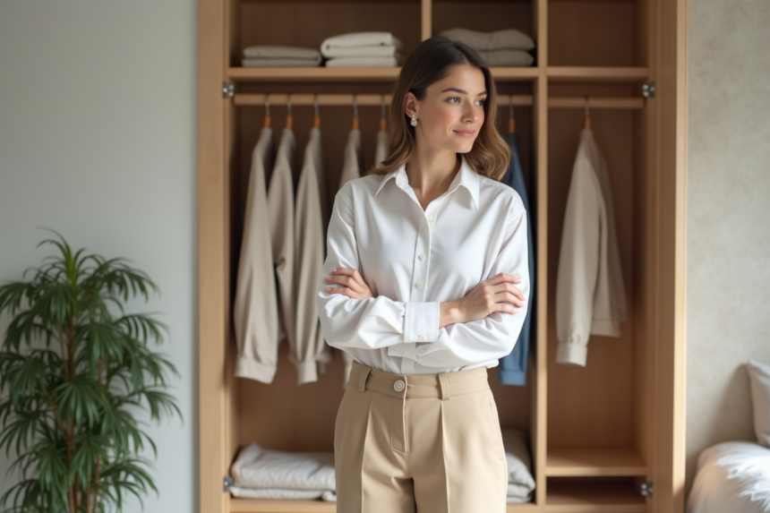Femme choisissant des vêtements dans une garde-robe minimaliste