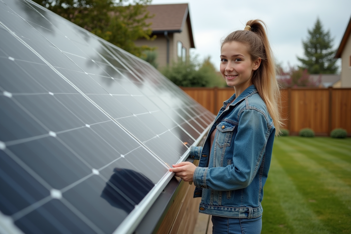 Jeune femme inspectant des panneaux solaires et batteries dans un jardin