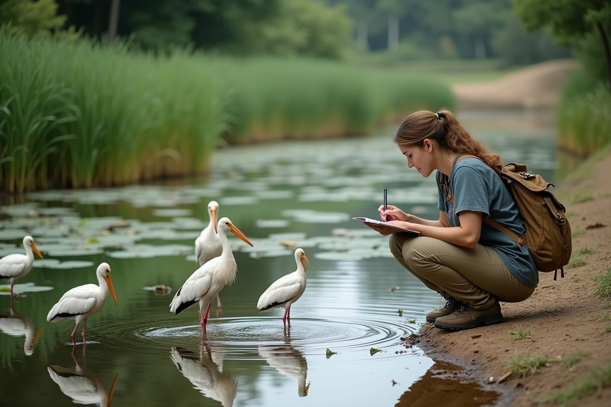 Jeune femme près d’un étang observant des cigognes en famille