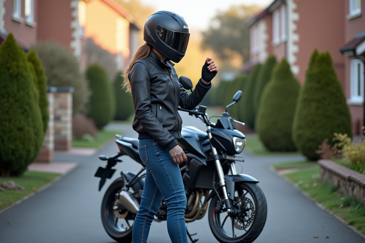 Jeune femme met son casque à côté de sa moto 125cc