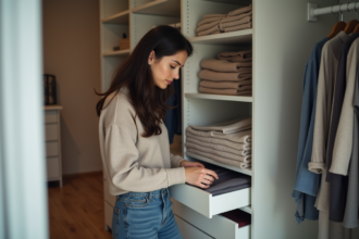 Femme pliant des vêtements dans un placard organisé