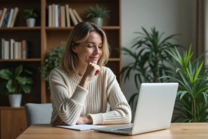 Femme pensant dans un salon cosy avec plantes et livres