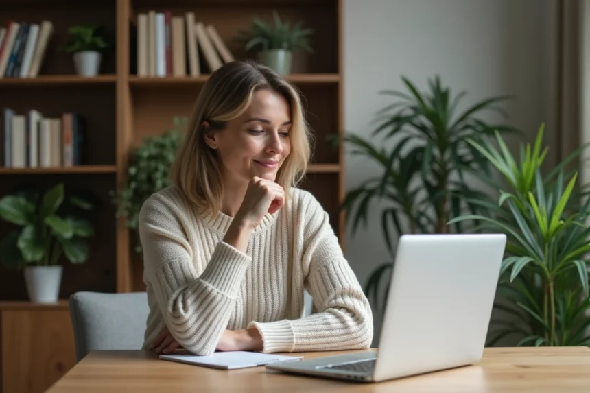 Femme pensant dans un salon cosy avec plantes et livres