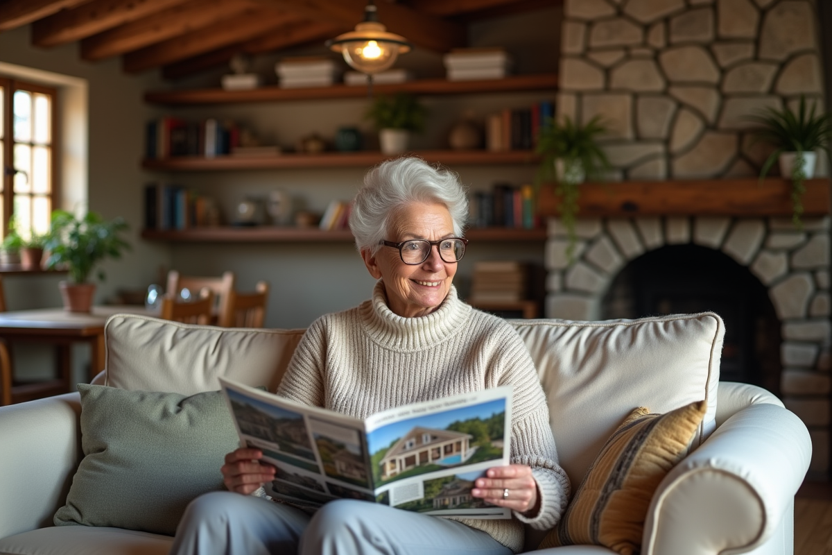 Femme retraitée lisant magazine immobilier dans salon chaleureux