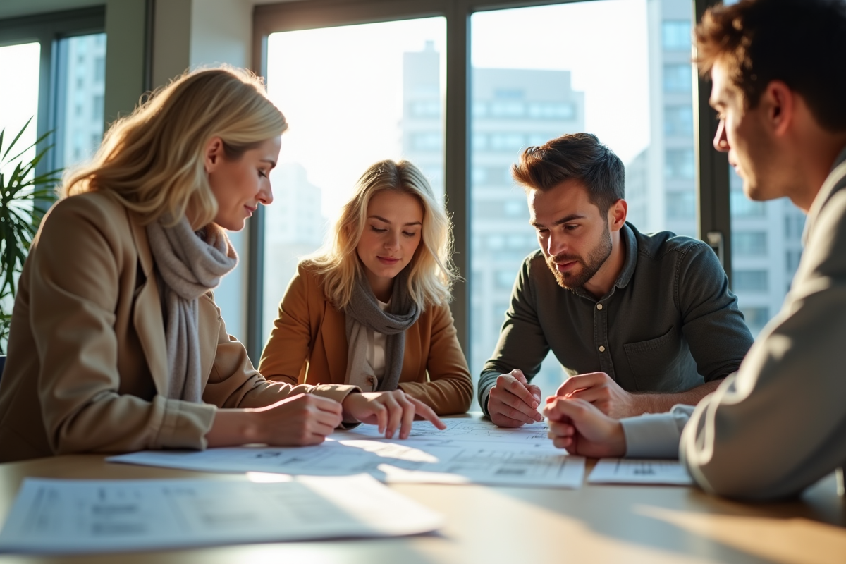 Femme en trench discutant avec un couple dans un bureau lumineux