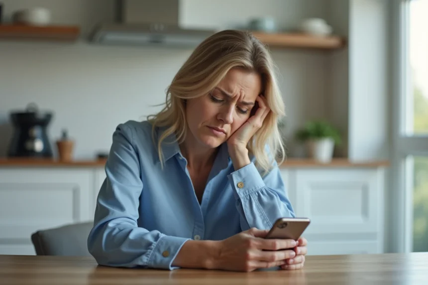 Femme pensante dans une cuisine moderne avec smartphone