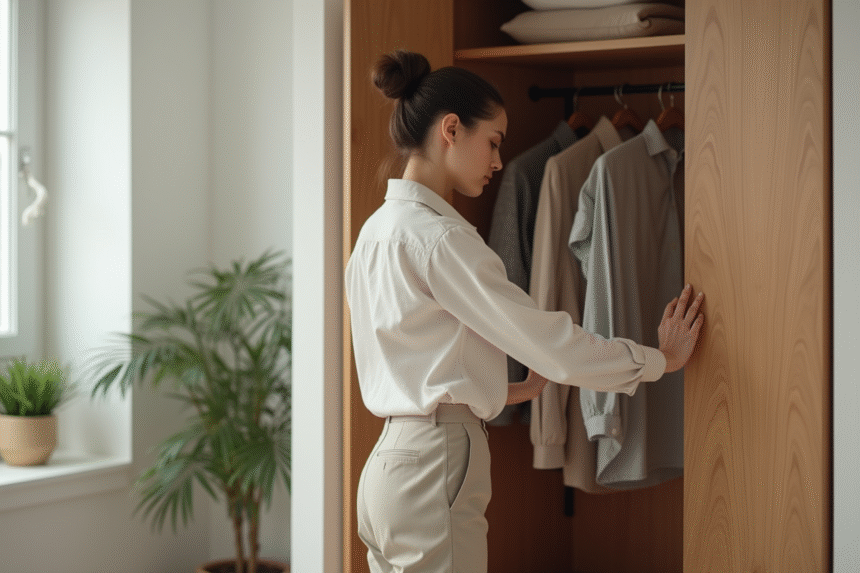 Femme choisissant un vêtement dans une armoire minimaliste