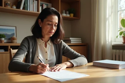 Femme signant une attestation dans un intérieur chaleureux