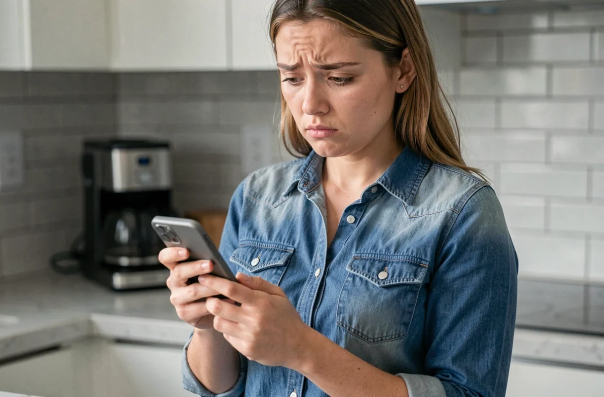 Femme utilisant son smartphone pour évaluer une alternative gratuite à Coco gg avec une expression dubitative