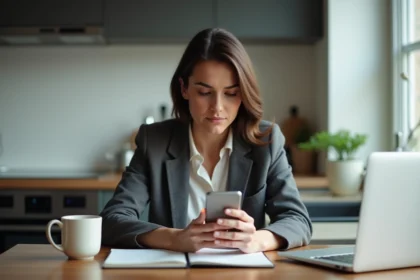 Femme d affaires regardant son smartphone dans un bureau à domicile