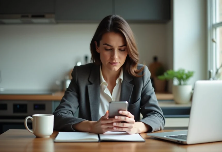 Femme d affaires regardant son smartphone dans un bureau à domicile