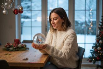 Femme souriante tenant une boule à neige personnalisée