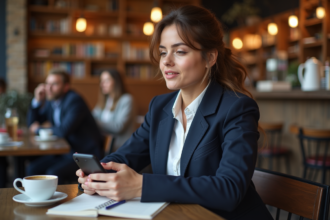 Jeune femme parlant dans un traducteur au café
