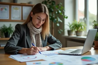 Femme au bureau annotant des documents financiers dans un cadre moderne