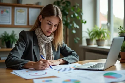 Femme au bureau annotant des documents financiers dans un cadre moderne