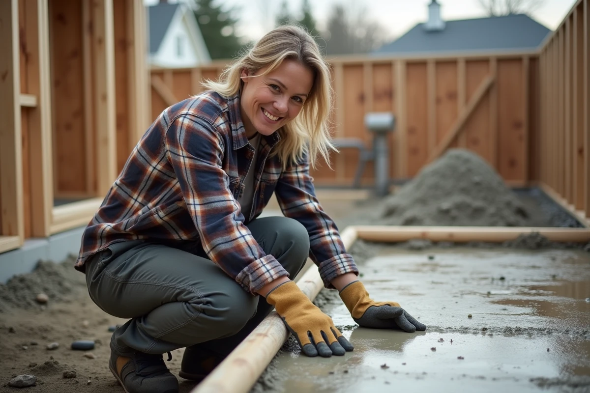 Femme vérifiant la surface de béton fraîchement coulé en extérieur