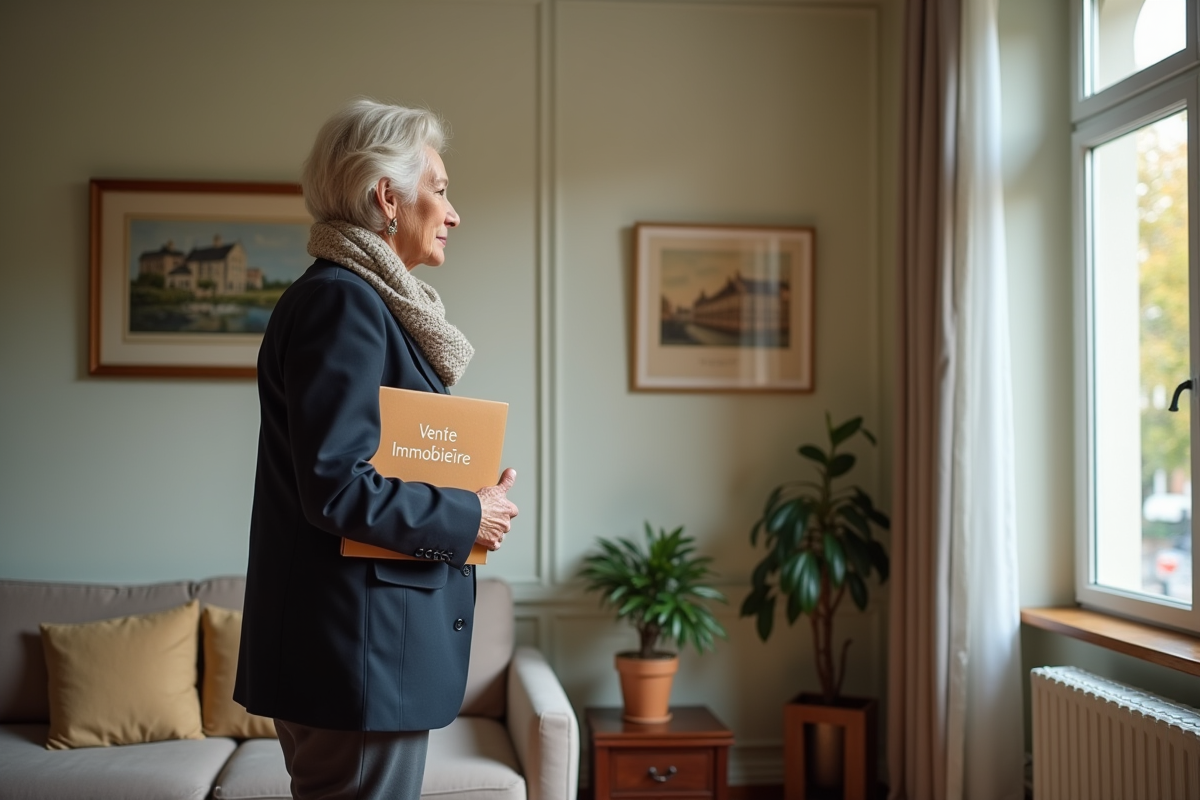 Femme âgée regardant par la fenêtre dans un intérieur élégant