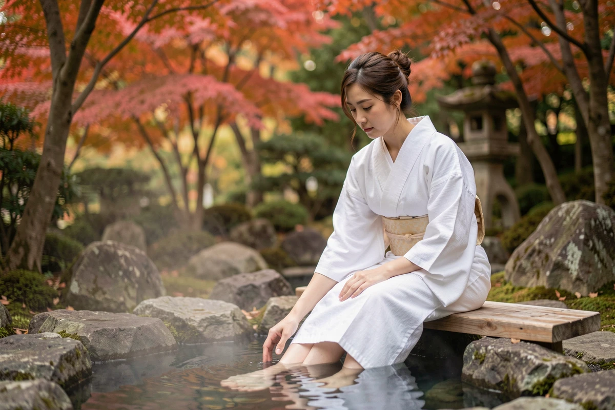 Femme japonaise en yukata blanc se détendant au bord d'un bain thermal extérieur entouré de feuillage automnal