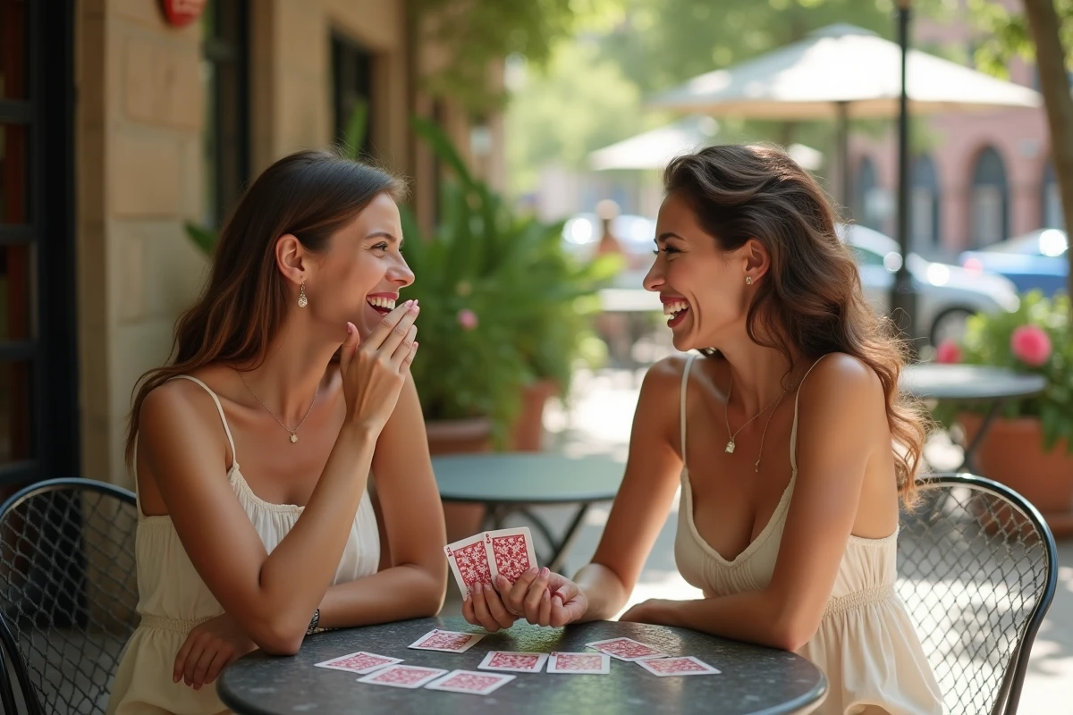 Deux femmes réagissant avec humour à une carte spéciale du jeu Palmier en terrasse de café