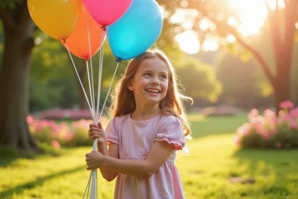 Jeune fille souriante avec ballons dans un parc ensoleille